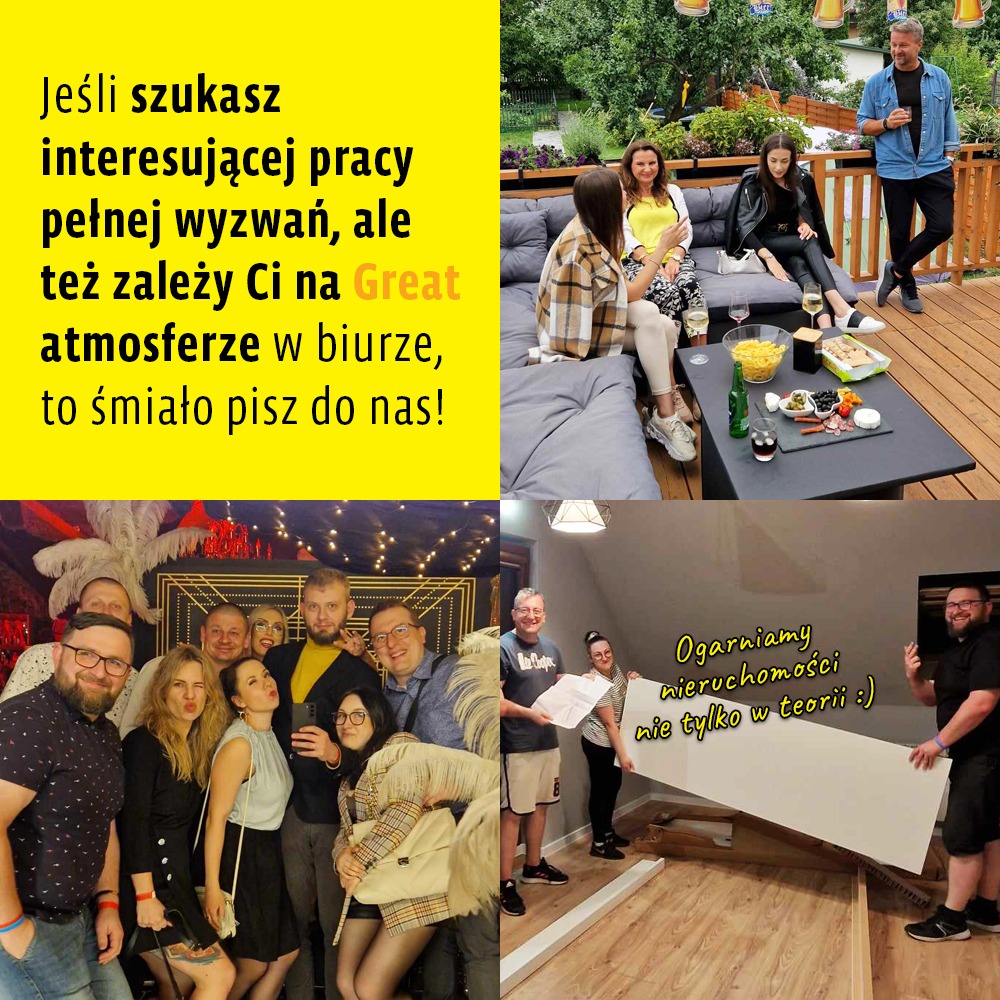 Kolaż zdjęć przedstawiający zespół agencji nieruchomości: relaks na tarasie z przekąskami, impreza firmowa z dekoracjami i montaż elementów wyposażenia wnętrz.