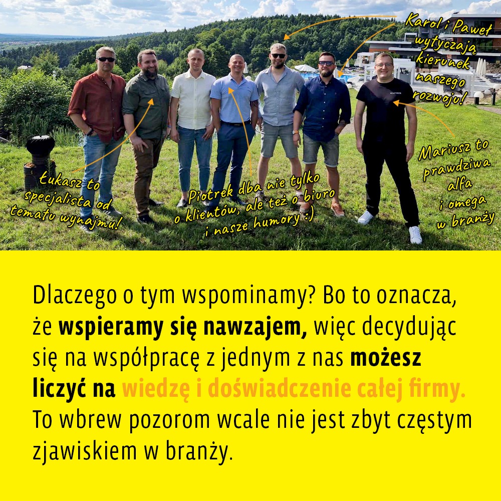 Grupa siedmiu mężczyzn, przedstawicieli firmy, stojących na tle zieleni i budynków, z podpisami wskazującymi na ich specjalizacje i role w firmie, oraz z tekstem promującym współpracę...