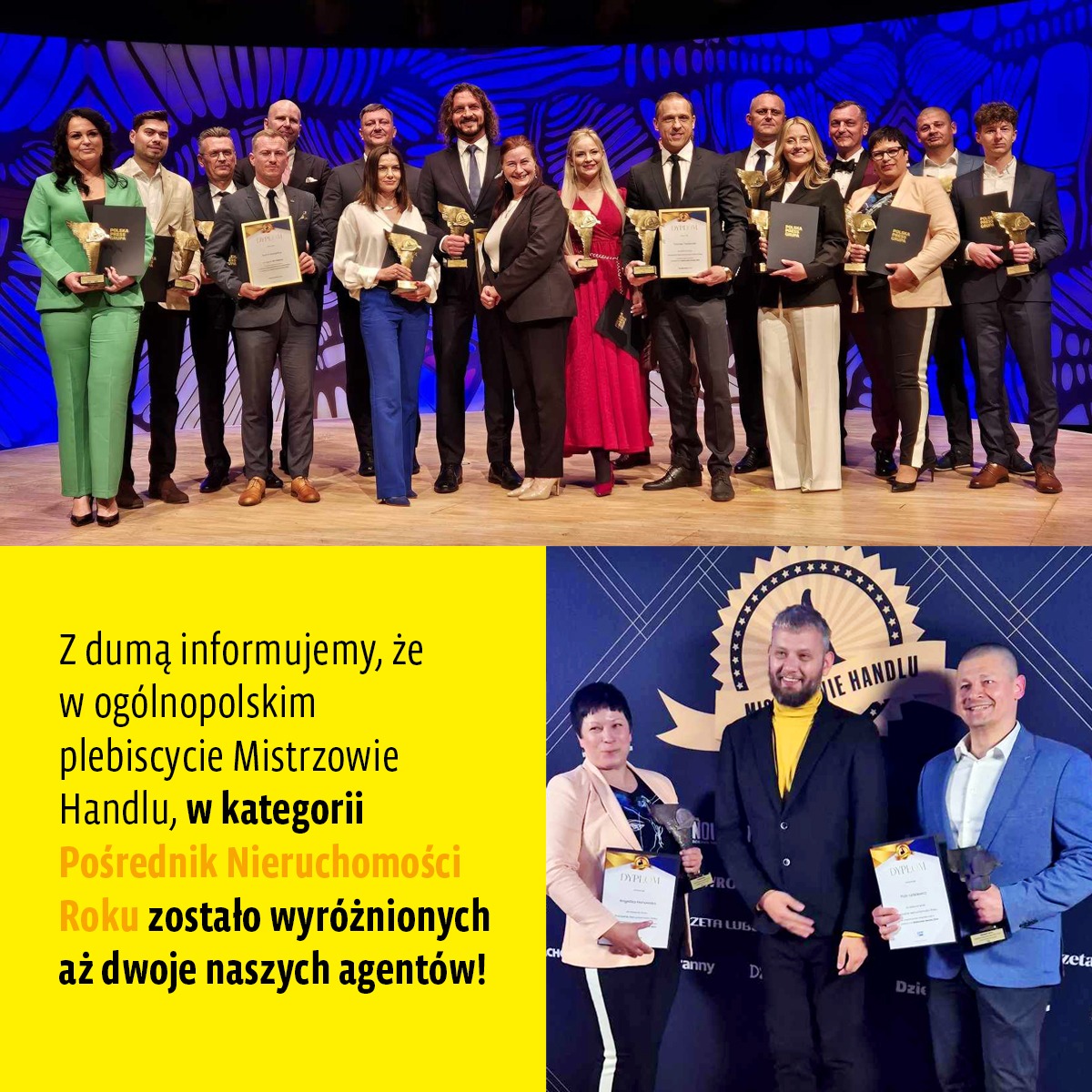 Grupowe zdjęcie nagrodzonych agentów nieruchomości na scenie, trzymających dyplomy i statuetki, z żółtym banerem informacyjnym w dolnej części zdjęcia.