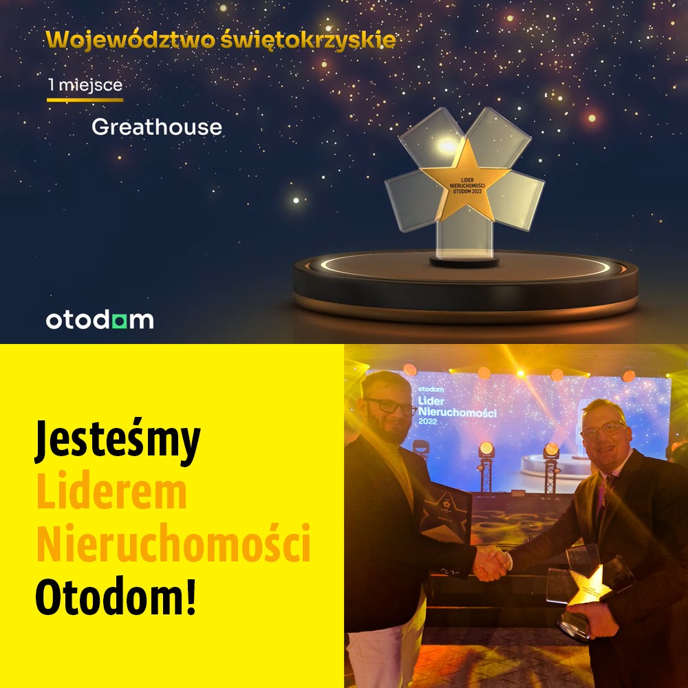 Wręczenie nagrody Lider Nieruchomości Otodom 2022 w województwie świętokrzyskim firmie Greathouse, uścisk dłoni dwóch mężczyzn z nagrodami na tle sceny.