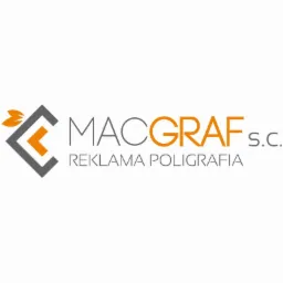 Logo firmy MACGRAF s.c. z szarym kwadratem z pomarańczową strzałką i listkami oraz pomarańczowym napisem MACGRAF s.c. i szarym napisem REKLAMA POLIGRAFIA.