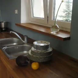 Blat dębowy w kuchni z umywalką, stosem talerzy, śliwką i pomarańczą, pod oknem z drewnianym parapetem, na którym stoi wazon z pojedynczym kwiatem.