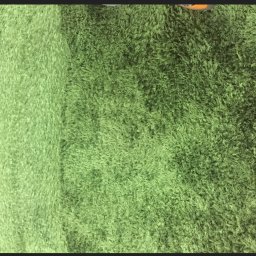 Komplex Styl Jan Bereś - Zielony dywan shaggy z widoczną różnicą w odcieniu po czyszczeniu, z fragmentem buta w górnym kadrze.