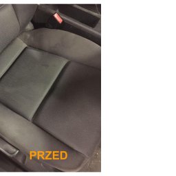 Komplex Styl Jan Bereś - Brudny, szary fotel samochodowy z widocznymi plamami i napisem 'PRZED' w dolnej części zdjęcia.