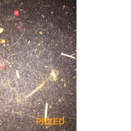 Komplex Styl Jan Bereś - Brudna, ciemna tapicerka dywanu przed czyszczeniem, widoczne okruchy, włosy i plamy, z napisem 'PRZED' w prawym dolnym rogu.