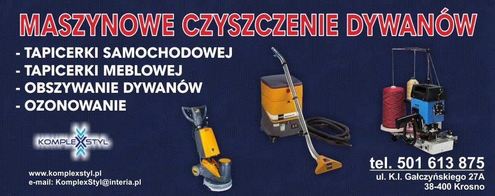 Maszynowe czyszczenie dywanów, tapicerki samochodowej i meblowej, obszywanie dywanów, ozonowanie. Urządzenia do czyszczenia i obszywania. Kontakt: Krosno.