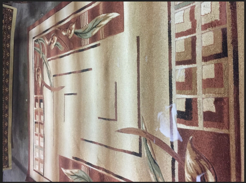 Beżowy dywan z geometryczno-kwiatowym wzorem, widoczne jasne plamy po czyszczeniu, ułożony pionowo