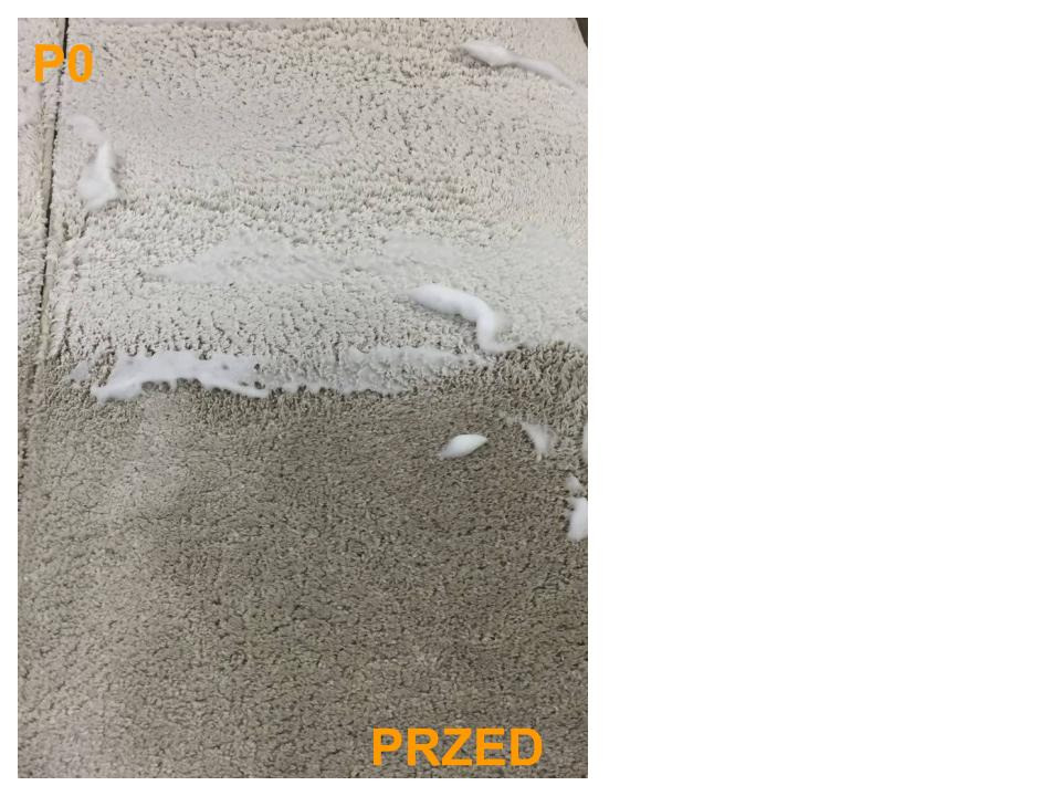 Dywan z widocznym podziałem na część wyczyszczoną z pianą i część zabrudzoną z napisem 'PRZED' i 'PO'.