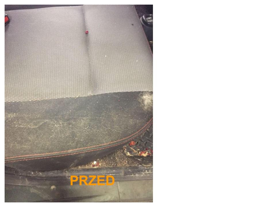 Bardzo zabrudzone, szare siedzenie samochodowe z widocznym brudem, sierścią i plamami, sfotografowane z bliska z napisem 'PRZED' w dolnej części kadru.