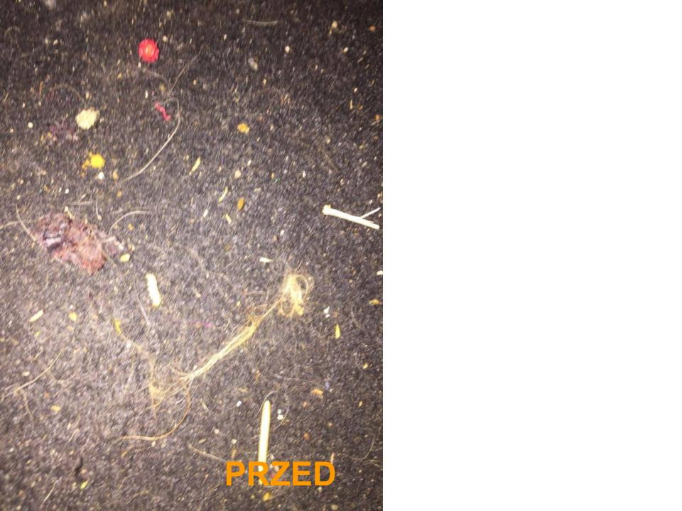 Brudna, ciemna tapicerka dywanu przed czyszczeniem, widoczne okruchy, włosy i plamy, z napisem 'PRZED' w prawym dolnym rogu.