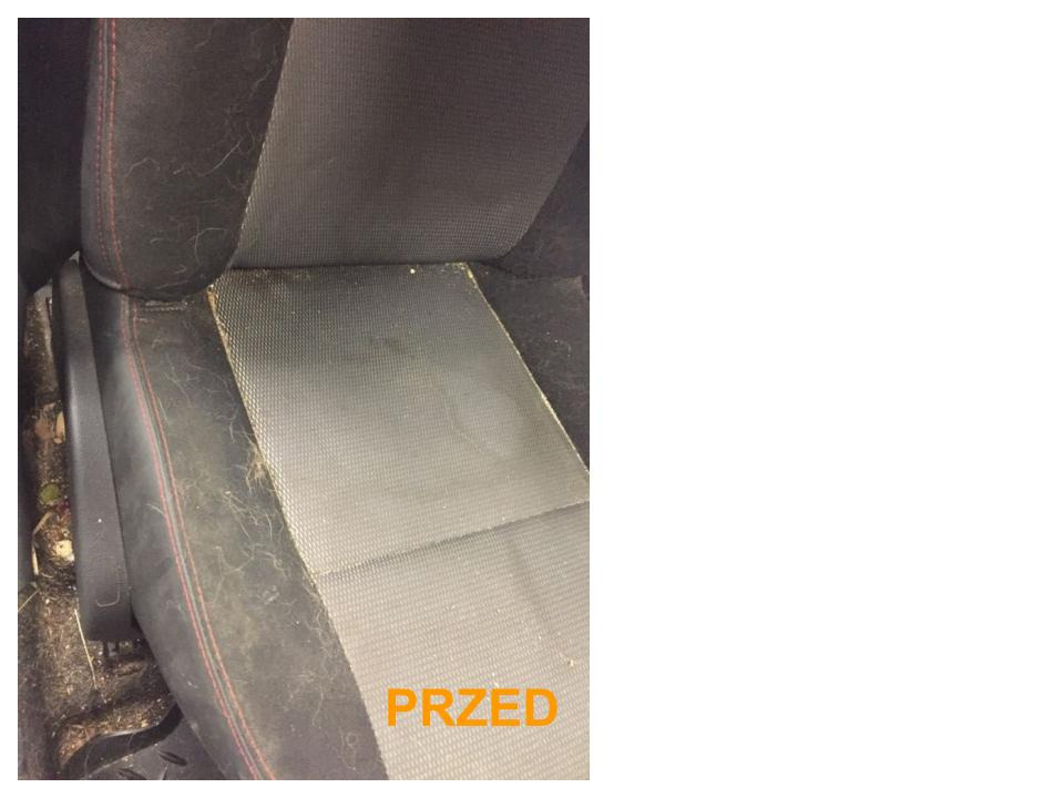 Bardzo zabrudzone, szare siedzenie samochodowe z widocznymi plamami, okruchami i sierścią zwierząt, z napisem 'PRZED' w prawym dolnym rogu.