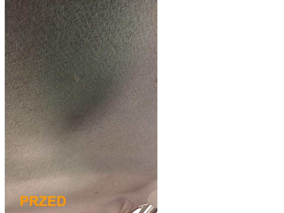 Szara, zabrudzona podsufitka samochodu z widocznym napisem 'PRZED' w dolnej części kadru, wskazująca na stan przed czyszczeniem.