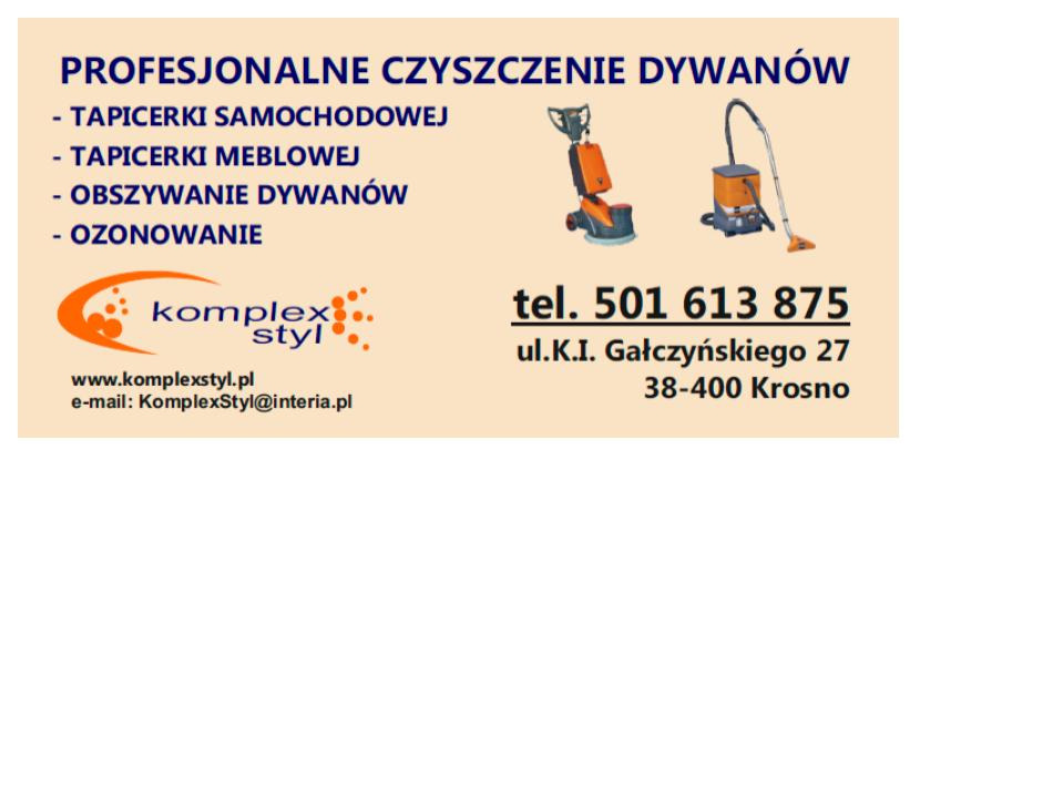 Reklama firmy oferującej profesjonalne czyszczenie dywanów i tapicerki, prezentująca dwa rodzaje maszyn czyszczących, logo firmy, dane kontaktowe i zakres usług.