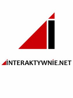 Logo firmy Interaktywnie.net: czerwony trójkąt i czarna litera 'i' nad nazwą domeny.