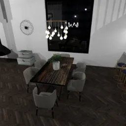 Wizualizacja przestronnego wnętrza z parkietem w jodełkę, obejmująca salon z zieloną sofą, stolikiem kawowym z marmurowym blatem, jadalnię z drewnianym stołem i krzesłami w odcieniach szarości...