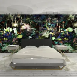 Wizualizacja sypialni z łóżkiem kontynentalnym, stolikami nocnymi na złotych nóżkach i tapetą w motywy roślinne, oświetlona wiszącymi lampami.