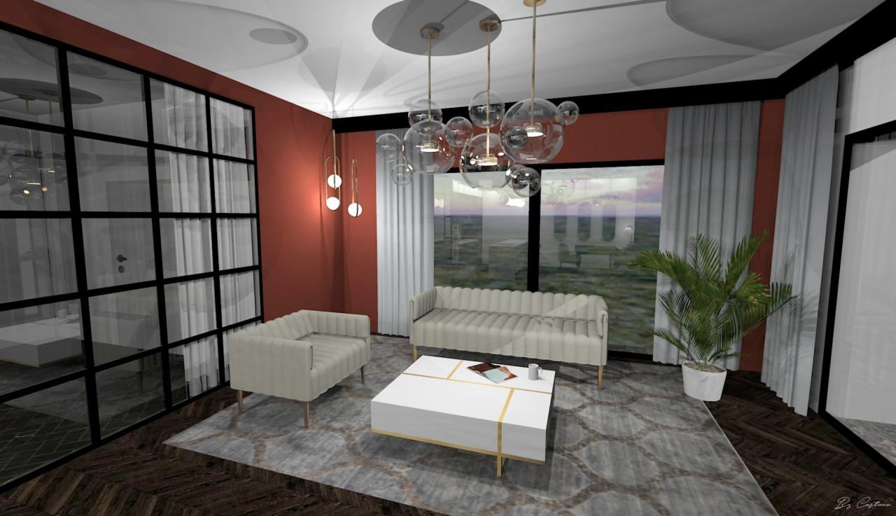 Wizualizacja salonu z beżowymi sofami, białym stolikiem kawowym z złotymi akcentami i szklaną ścianą działową w czarnej ramie, oświetlonego nowoczesnymi lampami wiszącymi.