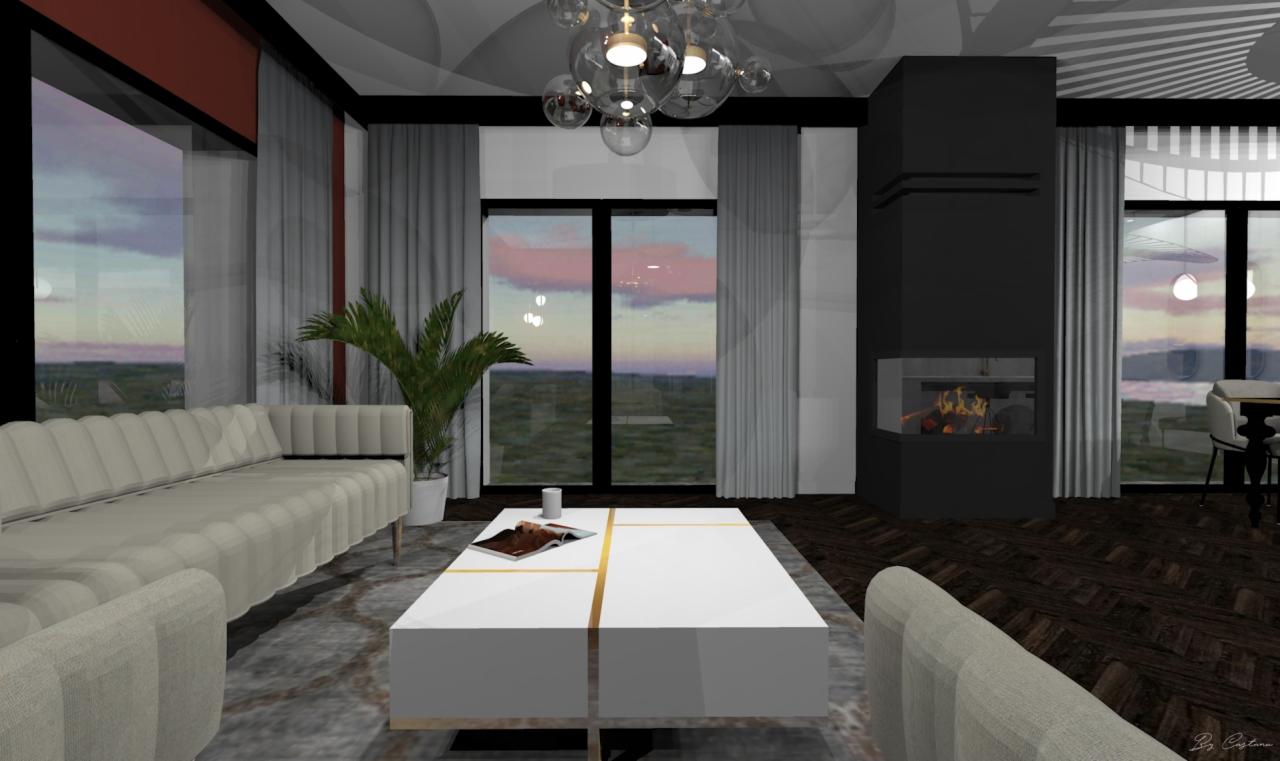 Wizualizacja salonu z kominkiem, beżową sofą, białym stolikiem kawowym z złotymi akcentami i widokiem na zachód słońca za oknem.