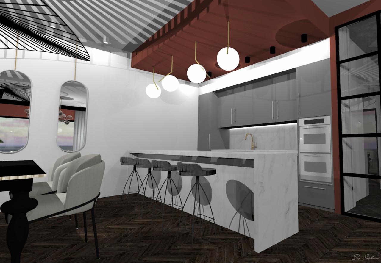 Wizualizacja nowoczesnej kuchni z marmurowym blatem, szarymi szafkami i trzema okrągłymi lampami wiszącymi nad wyspą kuchenną, widoczne krzesła barowe z metalowymi nogami i tapicerowanymi...