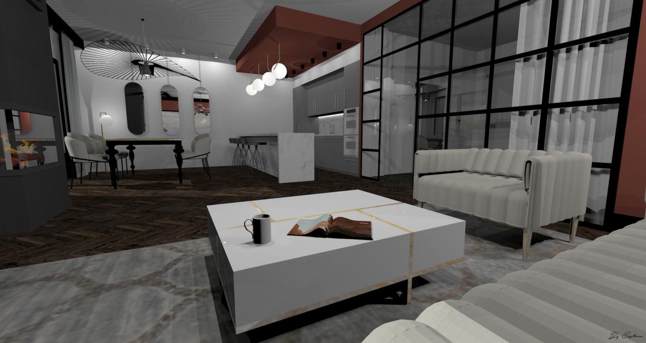 Wizualizacja salonu z aneksem kuchennym w nowoczesnym stylu; biały stolik kawowy z książką i kubkiem, szara sofa, przeszklona ściana oddzielająca kuchnię, parkiet w jodełkę, designerska lampa...