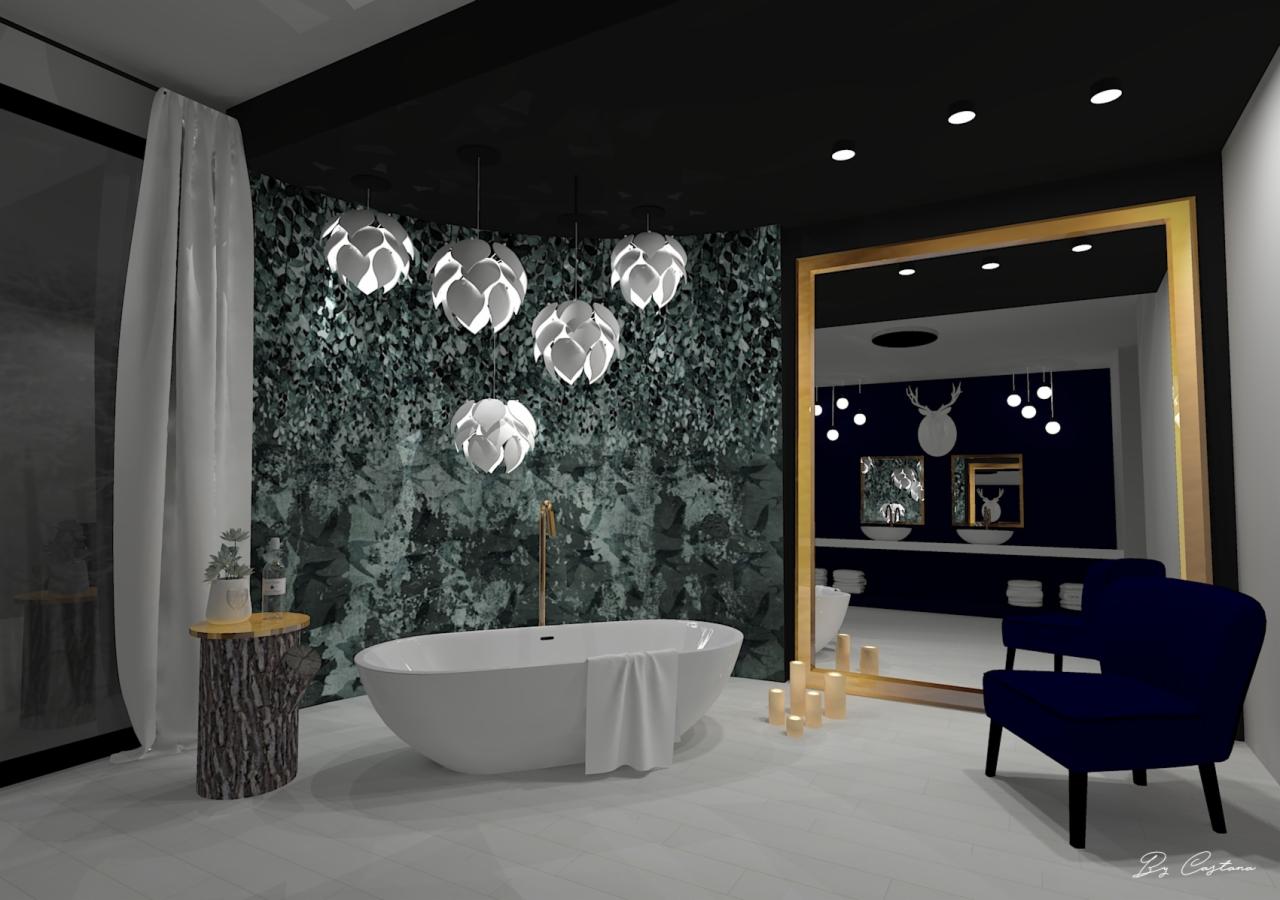 Wizualizacja łazienki z wolnostojącą wanną, tapetą w liście, drewnianym stolikiem pomocniczym i lustrem w złotej ramie, odbijającym dalszą część łazienki z umywalkami i dekoracją w kształcie głowy...