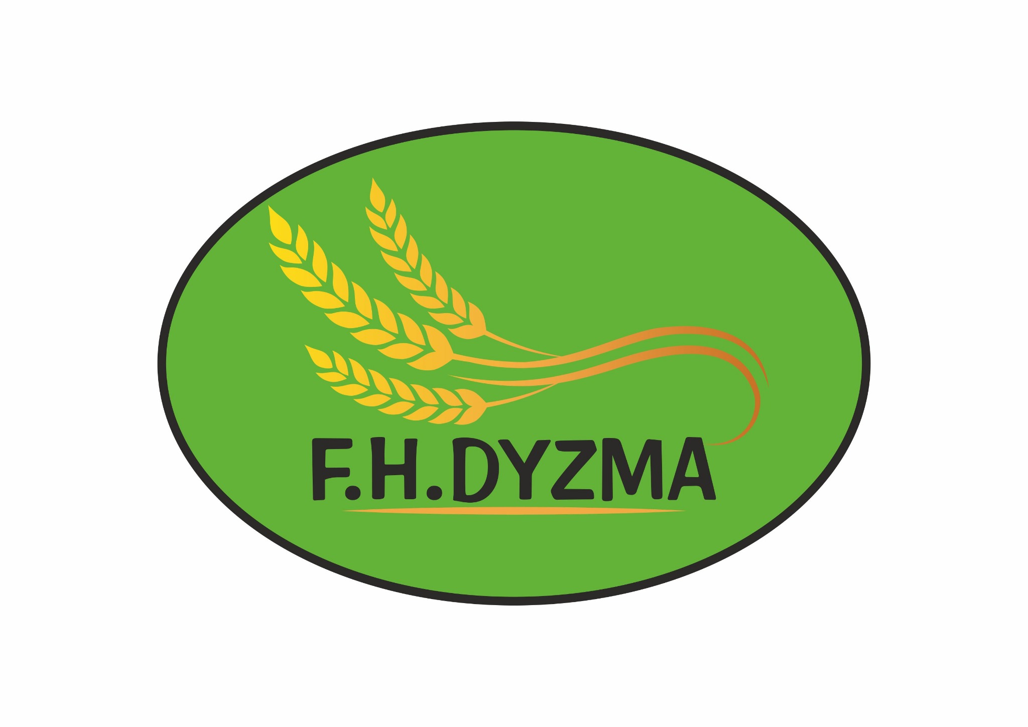 Logo firmy F.H. DYZMA z motywem stylizowanych, złotych kłosów zboża na zielonym tle w owalnej ramce.
