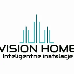 Logo firmy Vision Home z napisem 'Inteligentne instalacje' i graficznym symbolem przypominającym budynki w kolorze turkusowym.