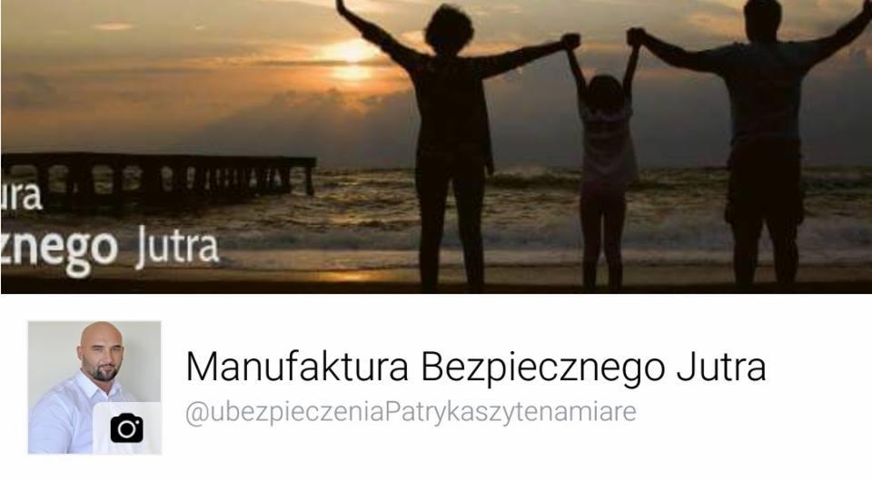 Zdjęcie profilowe firmy z Szczecina: sylwetki rodziny na tle zachodzącego słońca nad morzem, z widocznym pomostem i tekstem 'Manufaktura Bezpiecznego Jutra'.