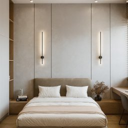 Inspired Design Szymon Pszon - Minimalistyczna sypialnia z łóżkiem, lampami ściennymi i biurkiem. Neutralna kolorystyka, drewniana podłoga. Wazon z suchymi kwiatami na szafce nocnej.