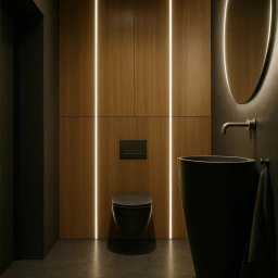 Inspired Design Szymon Pszon - Nowoczesna łazienka z drewnianą zabudową, podświetleniem LED, czarną umywalką i owalnym lustrem z podświetleniem. Minimalistyczny design, ciemna kolorystyka.