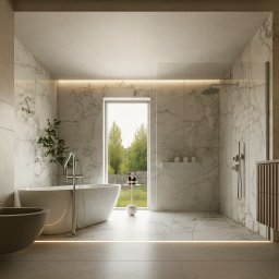 Inspired Design Szymon Pszon - Elegancka łazienka z marmurowymi płytkami, wolnostojącą wanną i drewnianą szafką pod umywalkę. Widok na zieleń przez okno dodaje naturalnego światła.