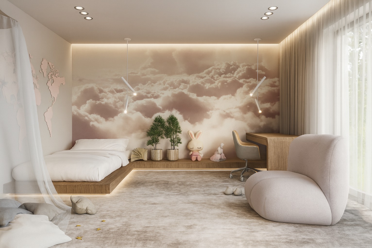 Jasny pokój dziecięcy z łóżkiem na podeście, biurkiem i miękkim fotelem. Na ścianie fototapeta z motywem chmur, a na niej dekoracja w kształcie mapy świata.