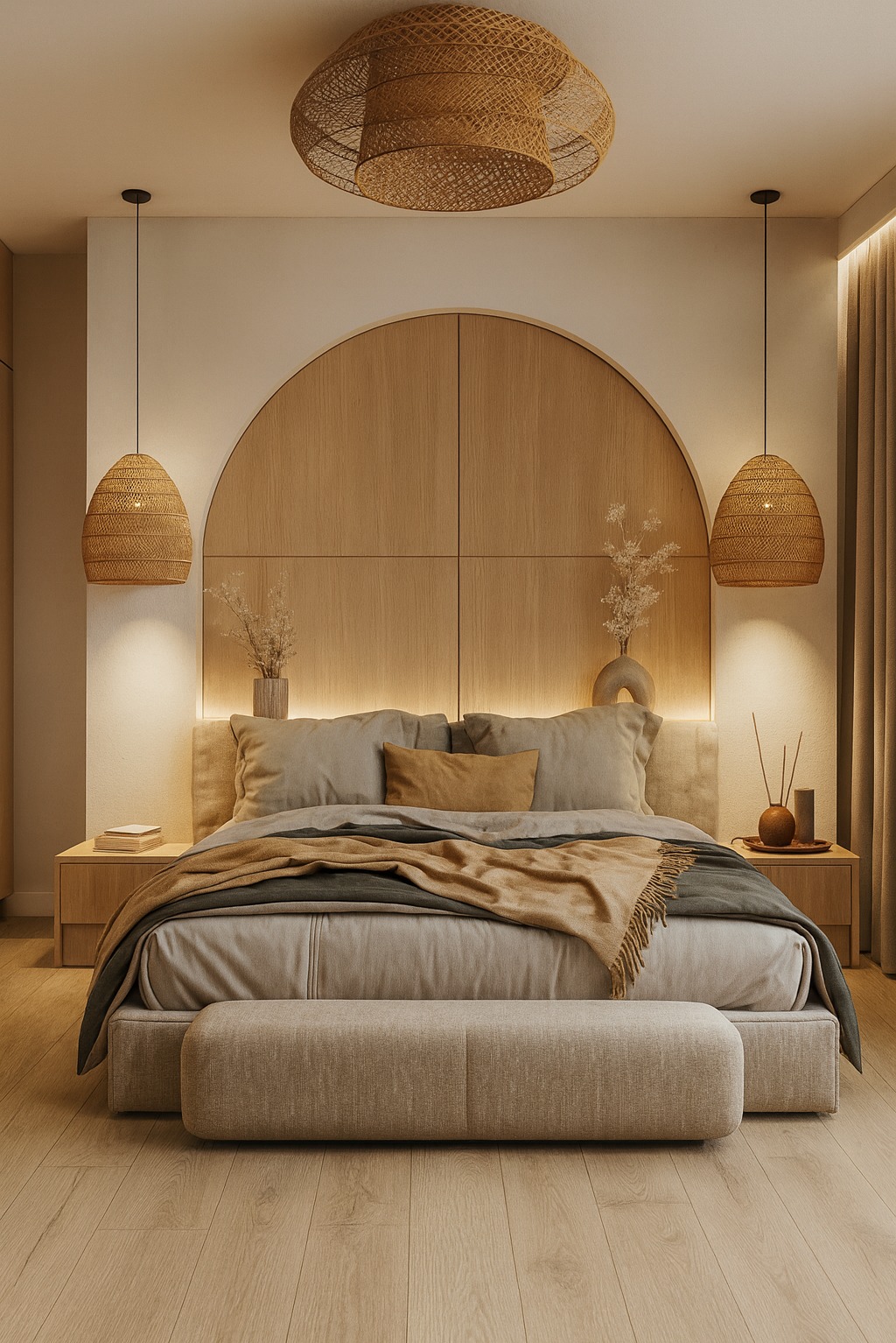 Jasna sypialnia w stylu boho: drewniane panele za łóżkiem, rattanowe lampy wiszące i sufitowe, beżowa pościel i drewniana podłoga. Przytulne wnętrze.
