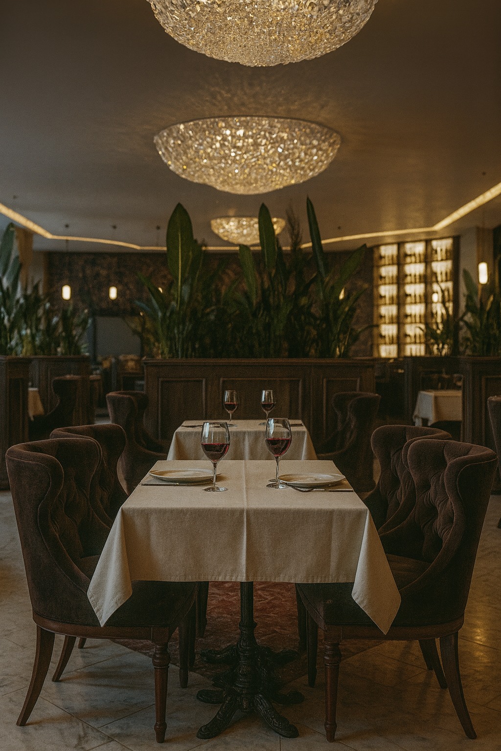 Elegancka restauracja: stół z nakryciem, wino w kieliszkach, pluszowe krzesła, rośliny doniczkowe i dekoracyjne żyrandole. Ciepłe, stonowane oświetlenie.