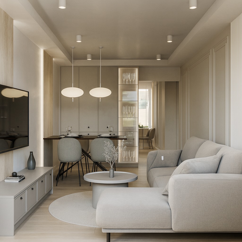 Jasne, przestronne wnętrze: sofa, stół z krzesłami i szklana witryna z kieliszkami. Minimalistyczny design, neutralna kolorystyka, subtelne oświetlenie LED.