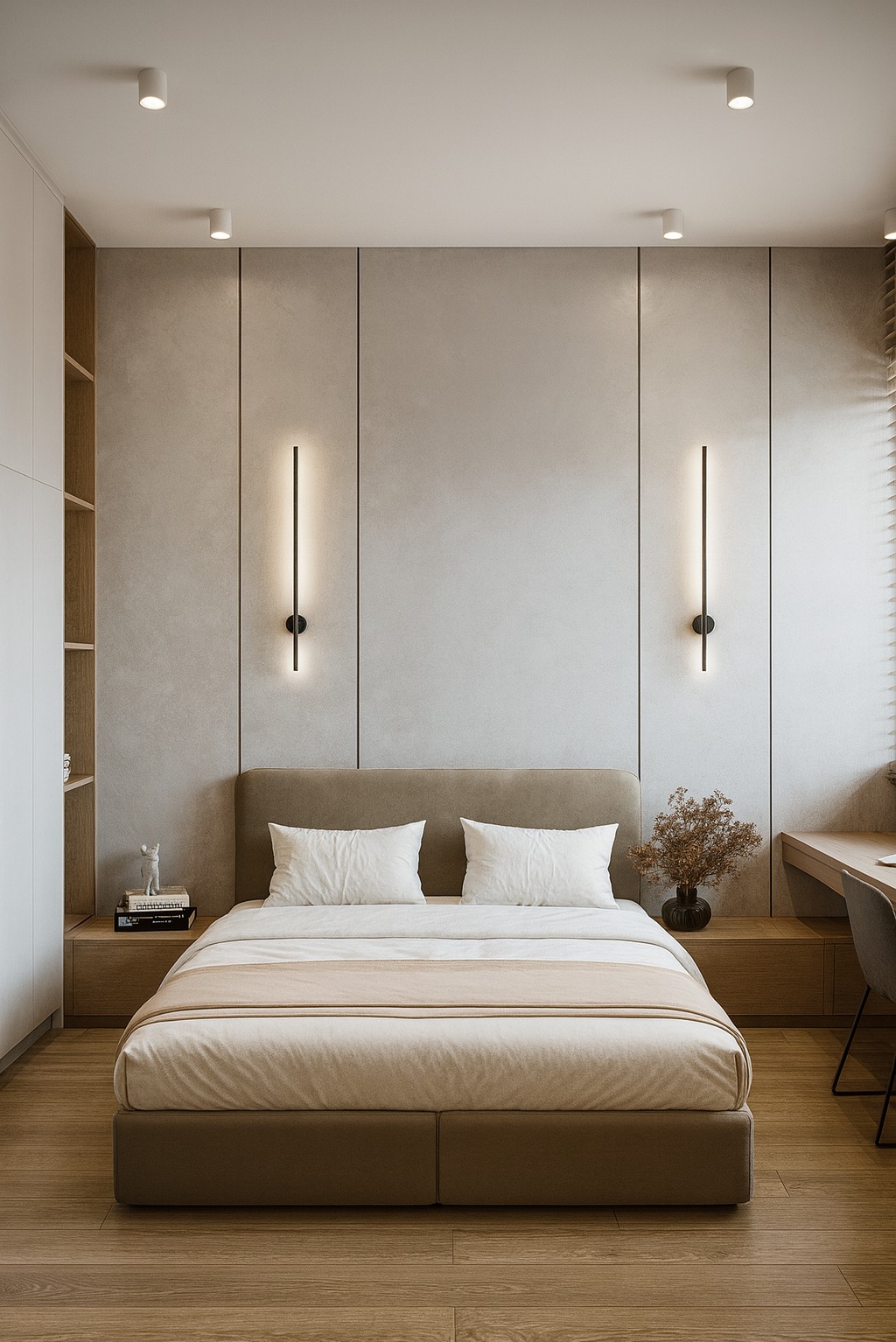 Minimalistyczna sypialnia z łóżkiem, lampami ściennymi i biurkiem. Neutralna kolorystyka, drewniana podłoga. Wazon z suchymi kwiatami na szafce nocnej.