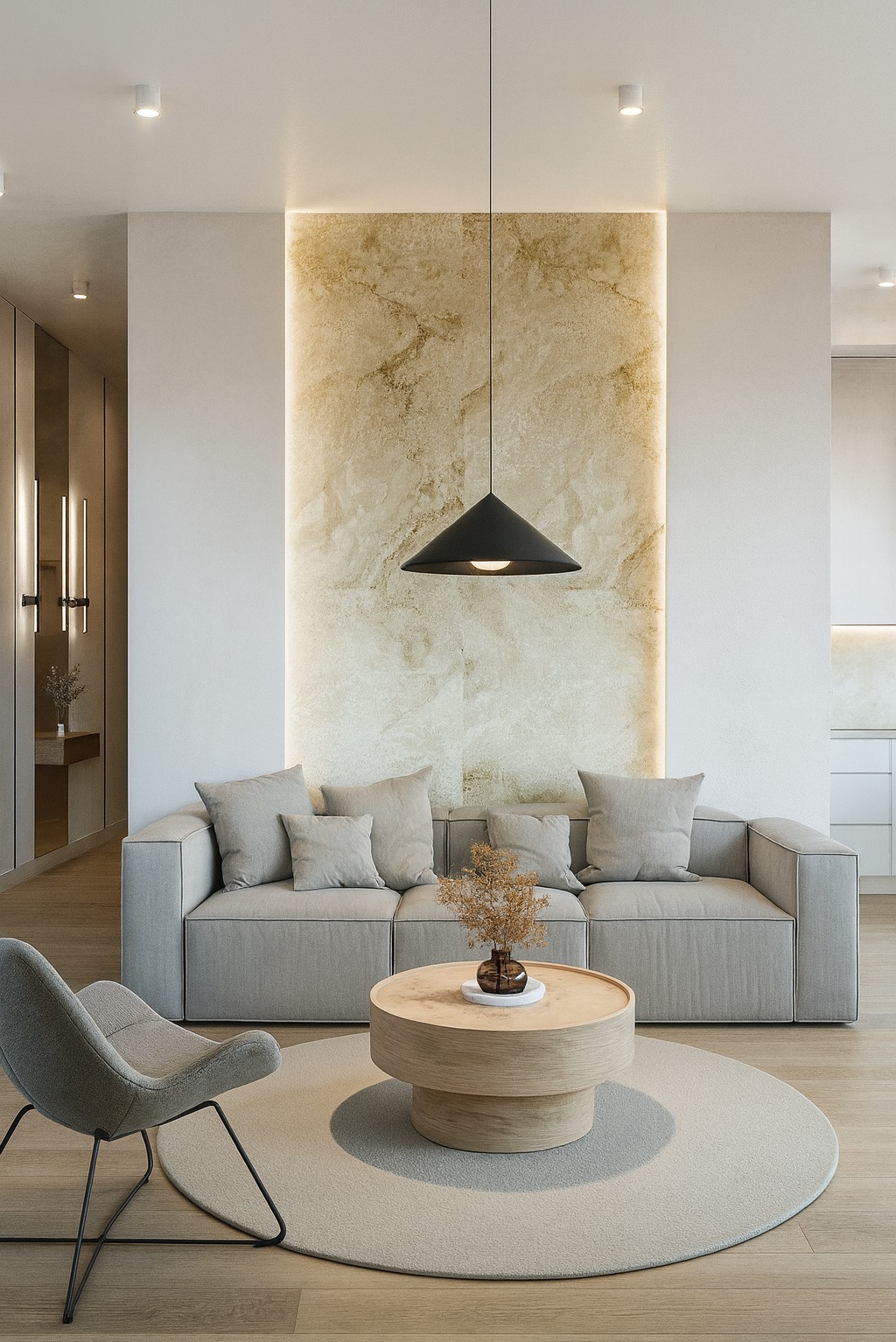Minimalistyczny salon z szarą sofą, okrągłym stolikiem i dywanem. W tle podświetlana ściana z efektem marmuru i designerska lampa wisząca. Jasne drewniane podłogi.