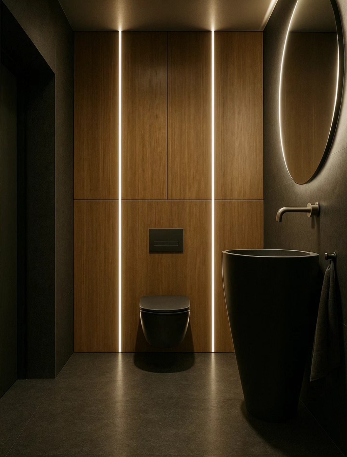 Nowoczesna łazienka z drewnianą zabudową, podświetleniem LED, czarną umywalką i owalnym lustrem z podświetleniem. Minimalistyczny design, ciemna kolorystyka.