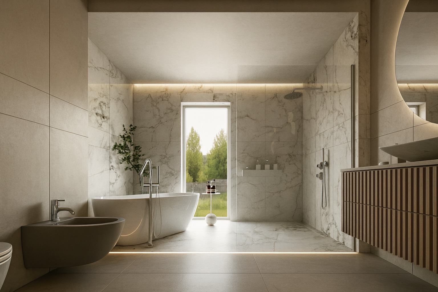 Elegancka łazienka z marmurowymi płytkami, wolnostojącą wanną i drewnianą szafką pod umywalkę. Widok na zieleń przez okno dodaje naturalnego światła.