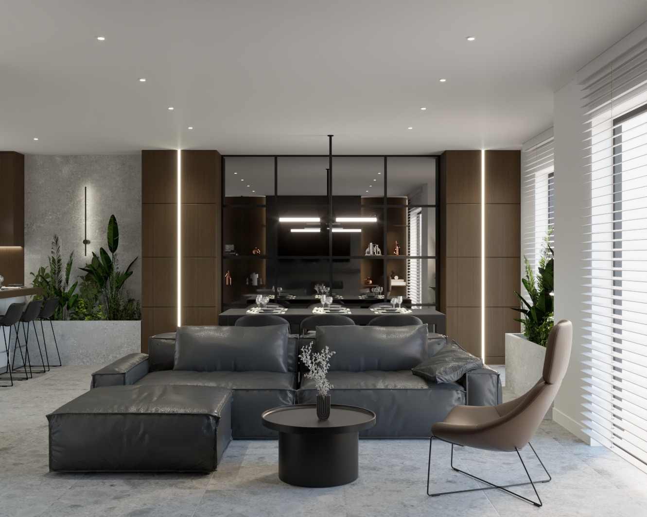 Nowoczesny salon z szarą sofą i stolikiem kawowym na tle przeszklonej jadalni. Minimalistyczny design, rośliny doniczkowe i subtelne oświetlenie tworzą elegancką przestrzeń.