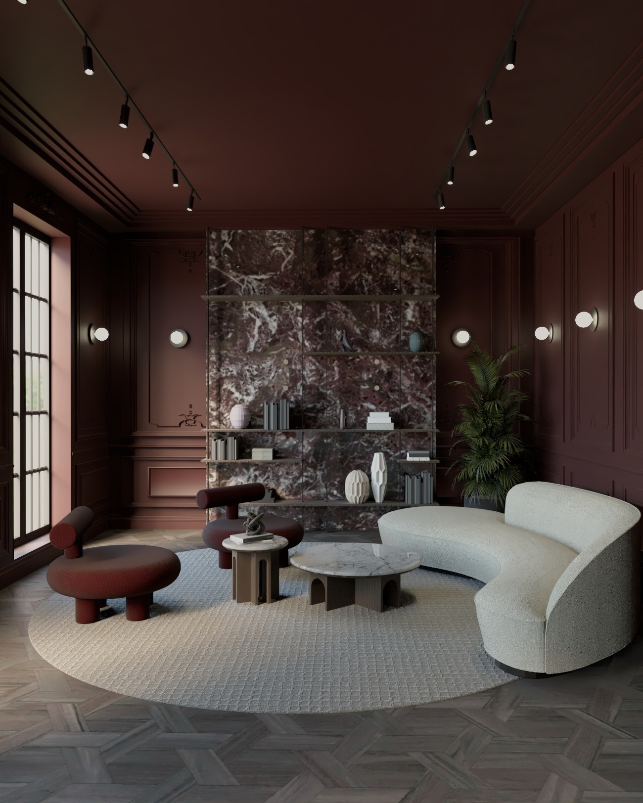 Elegancki salon w odcieniach bordo z marmurową ścianą, designerskimi fotelami i sofą o obłych kształtach. Całość dopełniają punktowe światła i drewniana podłoga.