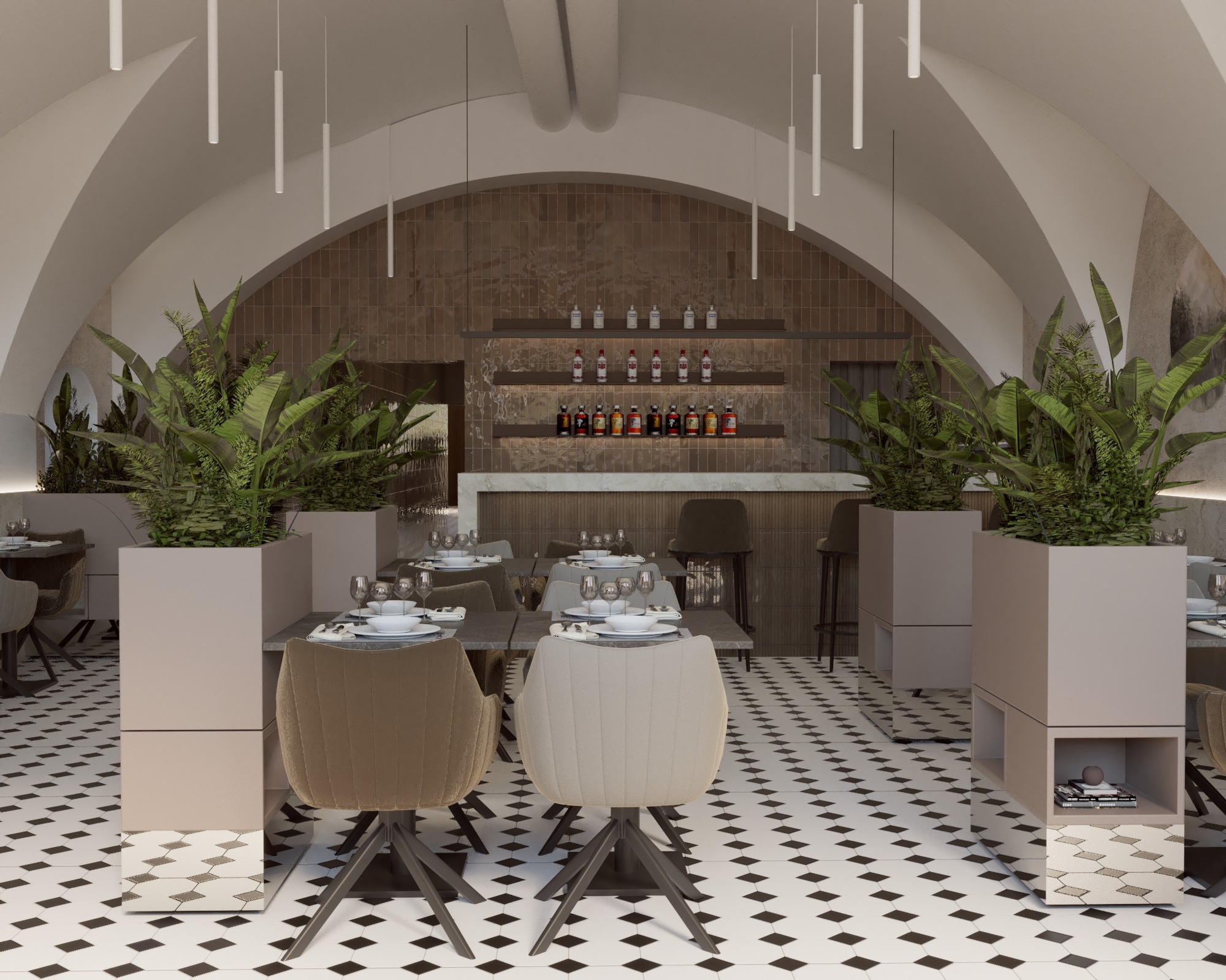 Wnętrze restauracji z roślinami w donicach, stolikami nakrytymi zastawą, bar z alkoholem w tle i czarno-białą podłogą w geometryczny wzór. Projekt restauracji.