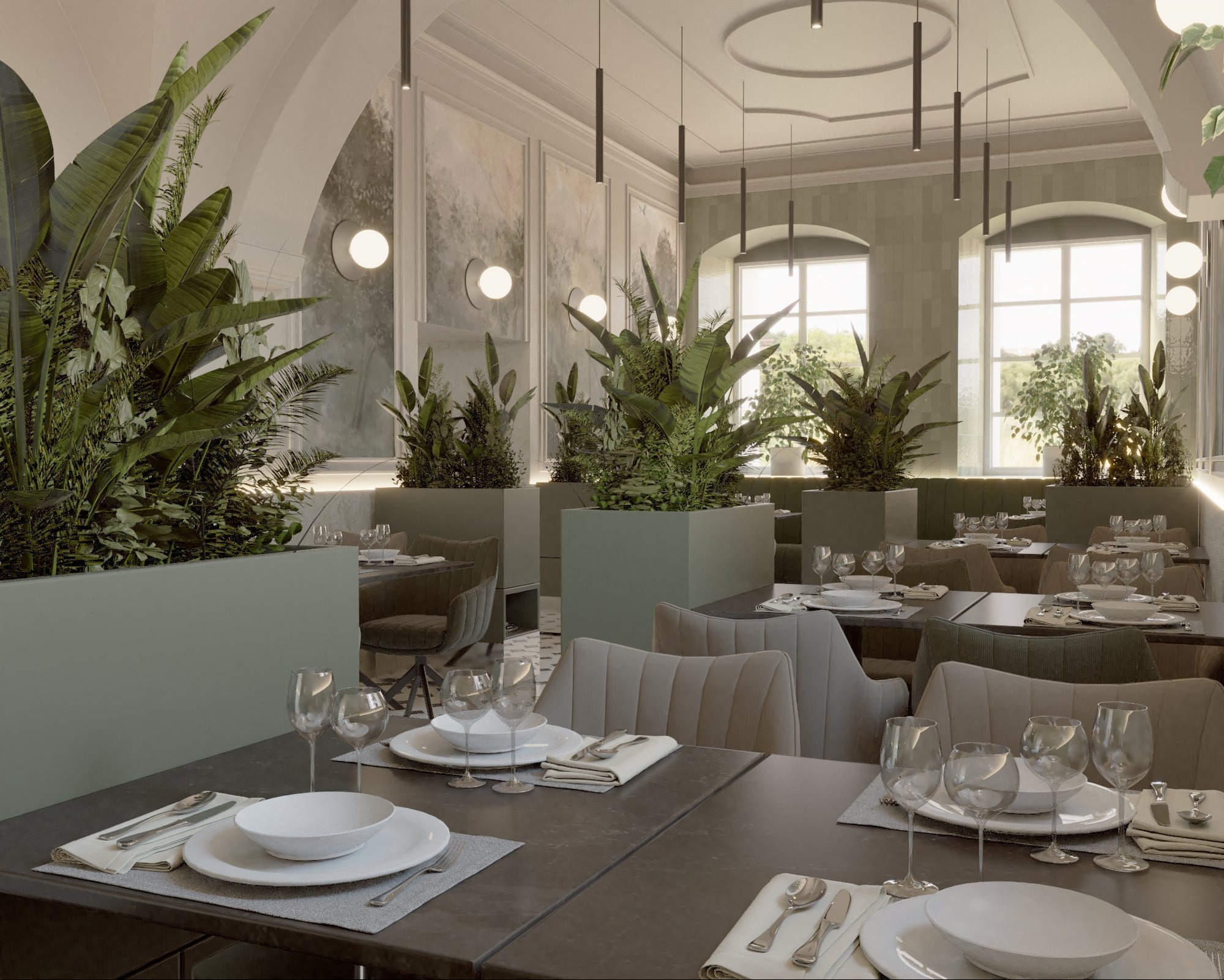 Wnętrze restauracji z roślinami w donicach, stolikami nakrytymi zastawą, oświetleniem punktowym i dużymi oknami w tle. Stonowana kolorystyka, elegancki wystrój.