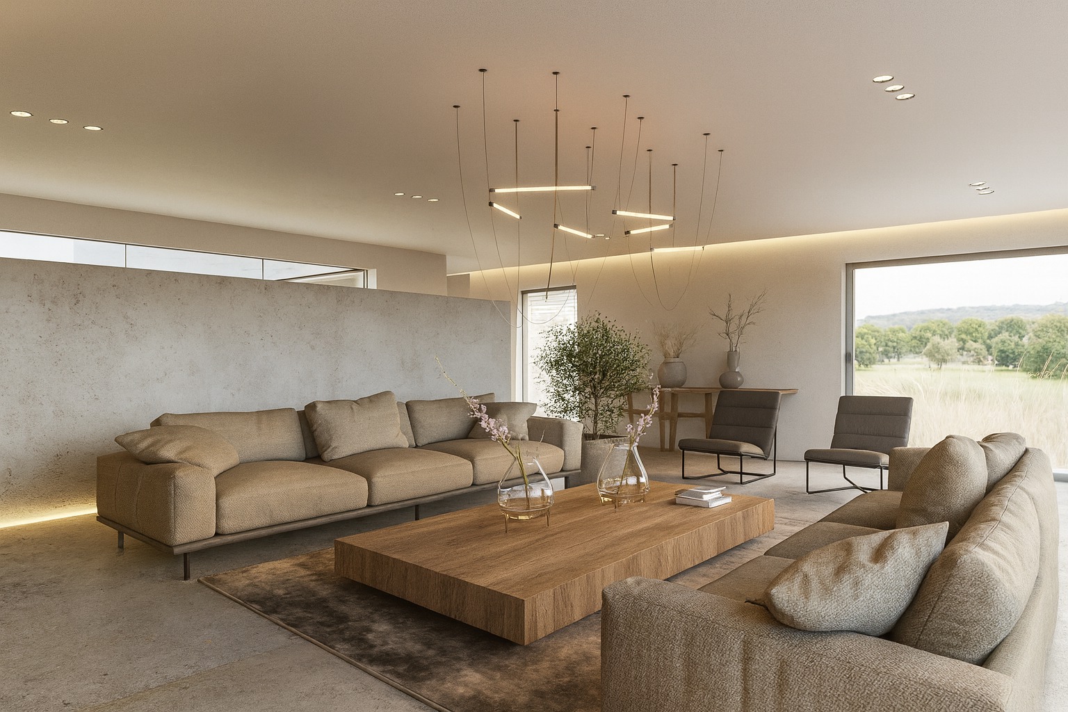 Jasne wnętrze salonu z beżowymi sofami, drewnianym stolikiem kawowym i minimalistycznym oświetleniem. Za oknem widok na zielony krajobraz.