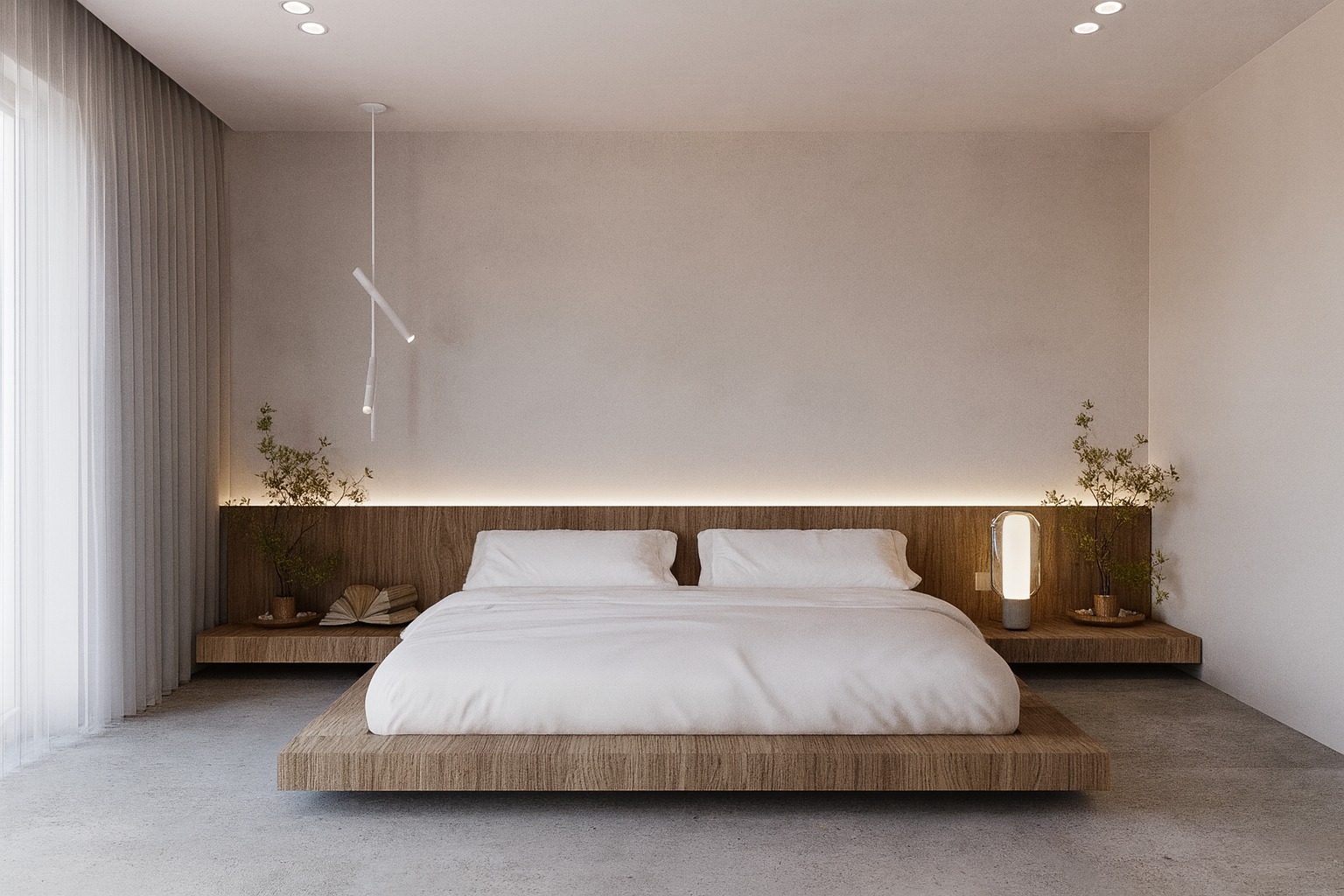 Minimalistyczna sypialnia z drewnianym łóżkiem na podeście, podświetlanym wezgłowiem i designerską lampą. Stonowana kolorystyka i roślinne akcenty.