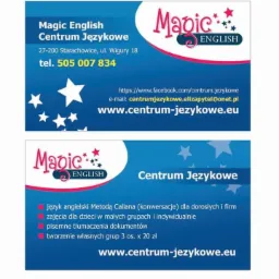 Wizytówka Centrum Językowego Magic English z adresem, numerem telefonu, adresem e-mail i listą oferowanych usług, w tym język angielski Metodą Callana i tłumaczenia pisemne.