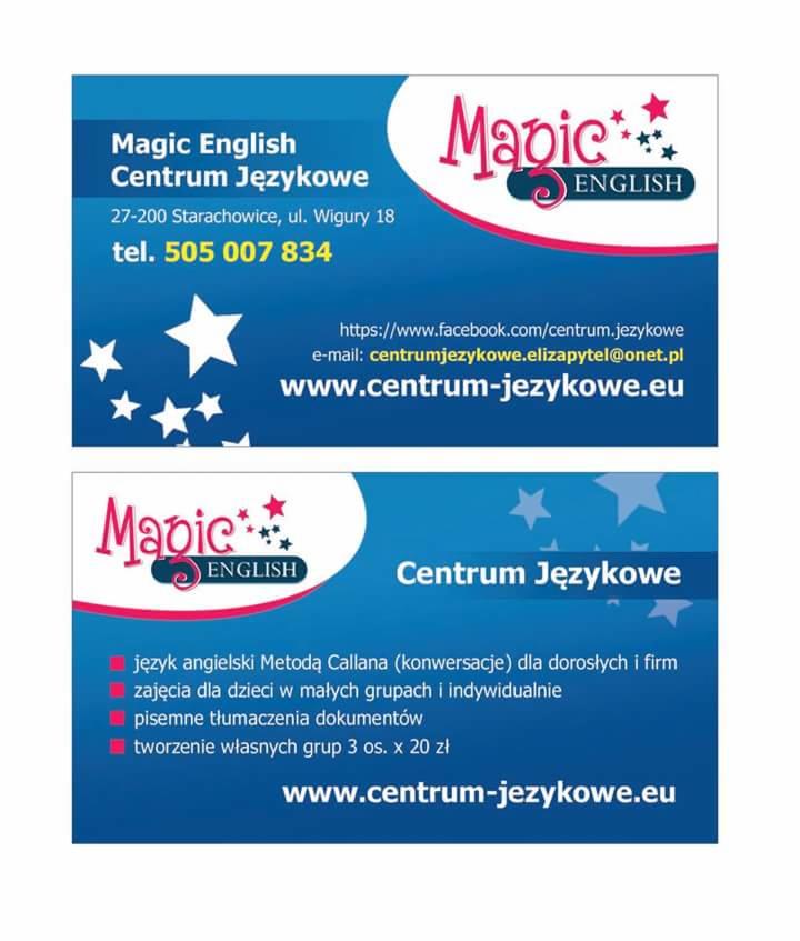 Wizytówka Centrum Językowego Magic English z adresem, numerem telefonu, adresem e-mail i listą oferowanych usług, w tym język angielski Metodą Callana i tłumaczenia pisemne.