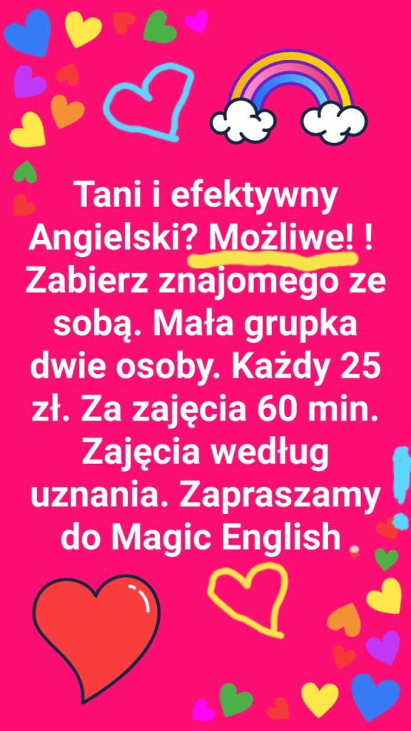 Ogłoszenie o tanich i efektywnych lekcjach języka angielskiego z tęczą i serduszkami na różowym tle.