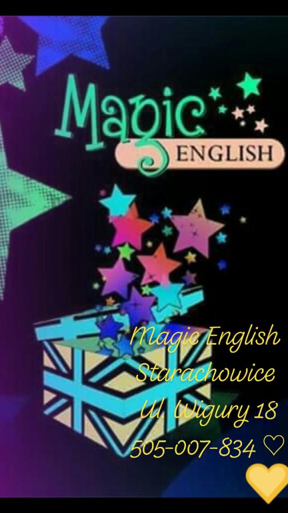 Grafika reklamowa szkoły językowej Magic English Starachowice z adresem Ul. Wigury 18 i numerem telefonu, prezentująca otwarte pudełko z którego wylatują kolorowe gwiazdy.