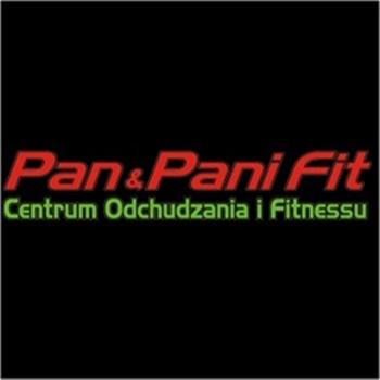 Czerwono-zielone logo 'Pan&Pani Fit Centrum Odchudzania i Fitnessu' na czarnym tle.